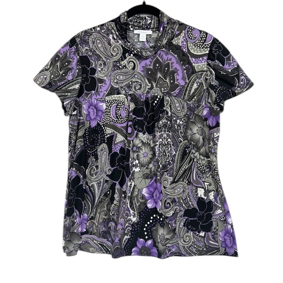 Dressbarn Paisley Dark Floral Puff Sleeve Y2K High Neck Blouse Sz XL - Picture 2 of 7